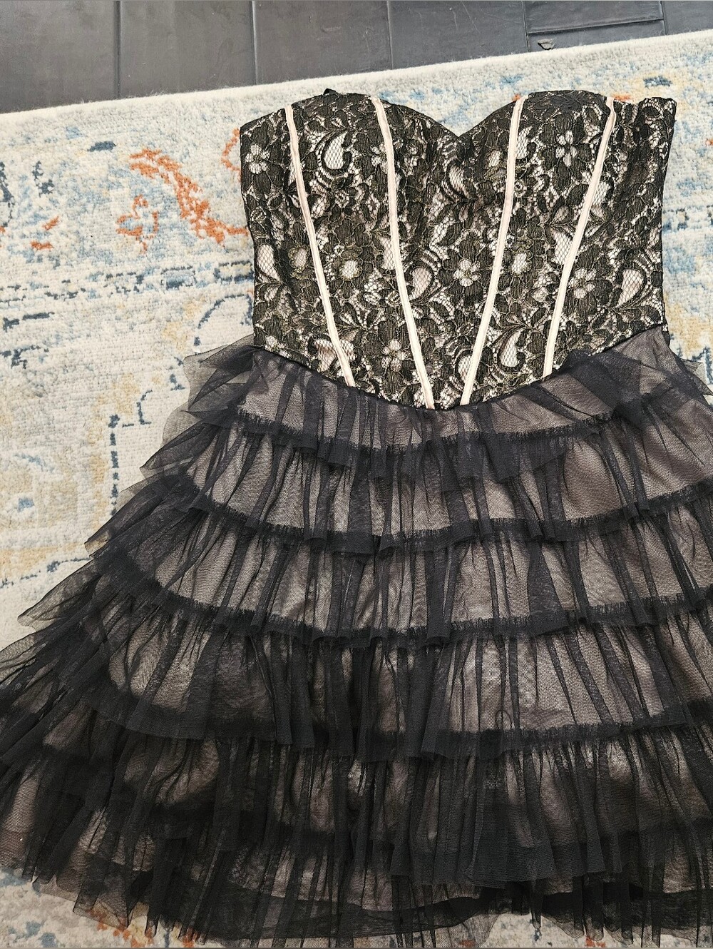 Masquerade Lace Corset Tiered Tulle Ruffle Mini Dress Black Nude Size 7/8
